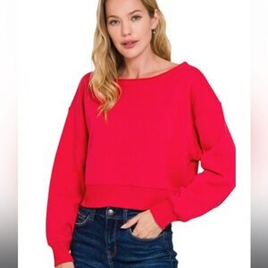 Zenana Cropped Off Shoulder Boat Neck Fleece Sweatshirt Ruby Red Medium
